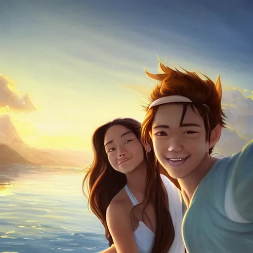 Prompt: beautiful serene intricate portrait of katara and toph taking a selfie, smiling softly, relaxing on the beach, golden hour, soft focus, 8 k, art by irakli nadar, hyperrealism, hyperdetailed, ultra realistic