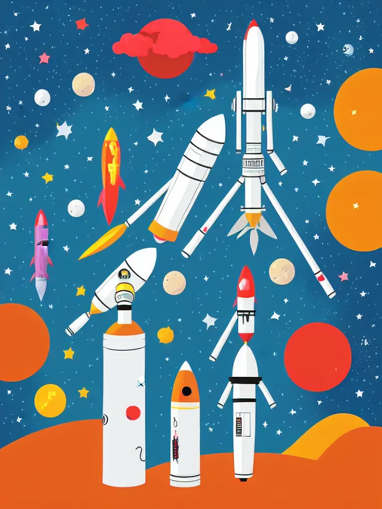 Image similar to editorial illustration scientific lab test tube telescope microscope astronaut rocket, colorful modern, mads berg