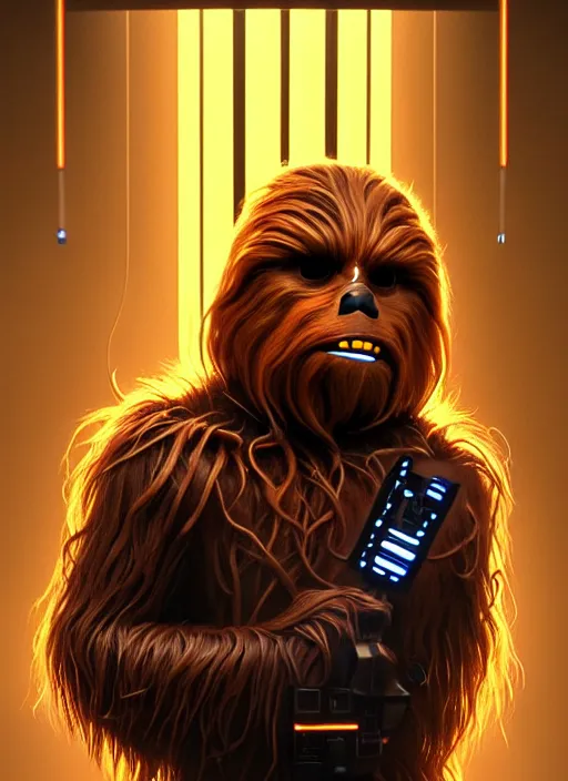 Image similar to symmetry!! portrait of chewbacca, sci - fi robot arm, tech wear, glowing lights!! sci - fi, intricate, elegant, highly detailed, digital painting, artstation, concept art, smooth, sharp focus, illustration, art by artgerm and greg rutkowski and alphonse mucha