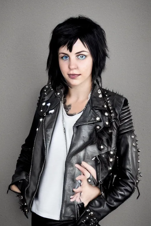 Image similar to a professional portrait of thalia grace, a teenage white girl with electric blue eyes, short choppy shoulder-length spiky black hair, a smirk, freckles, a silver circlet in her hair, a leather jacket, and a punk style