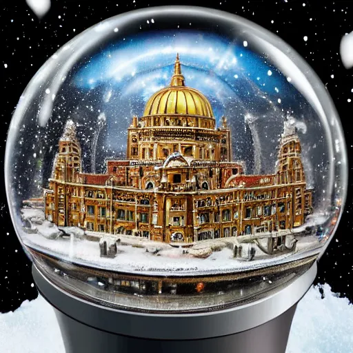 Image similar to nuclear bomb exploding in a city inside a snow globe, highly ornate intricate details,