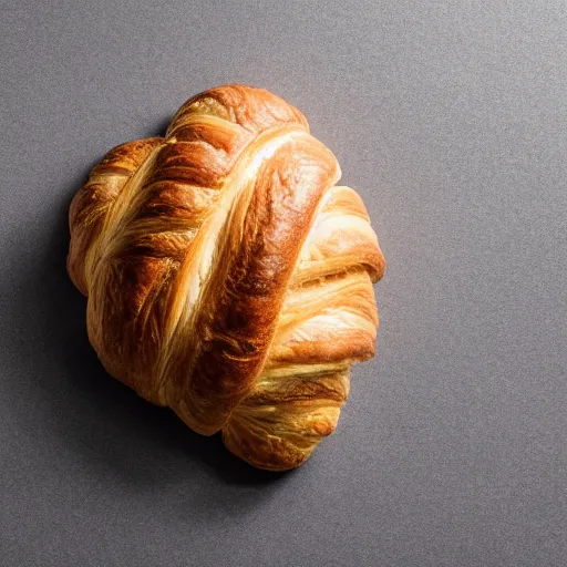 Prompt: professional studio photography of a croissant on a table, grey background, balanced lighting, xf iq 4, f / 1. 4, iso 2 0 0, 1 / 1 6 0 s, 8 k, raw, unedited, symmetrical balance, in - frame