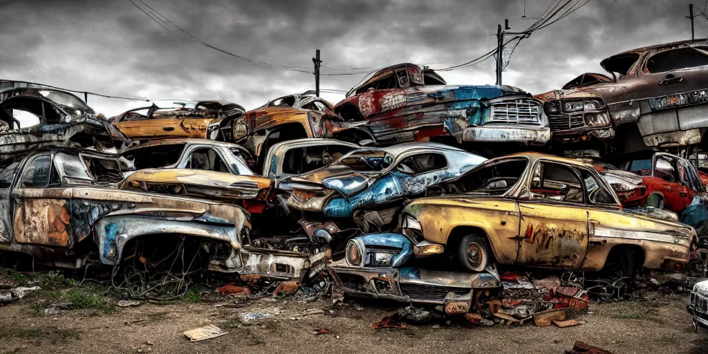 Image similar to junk yard cars inception endless detailed photography 8k