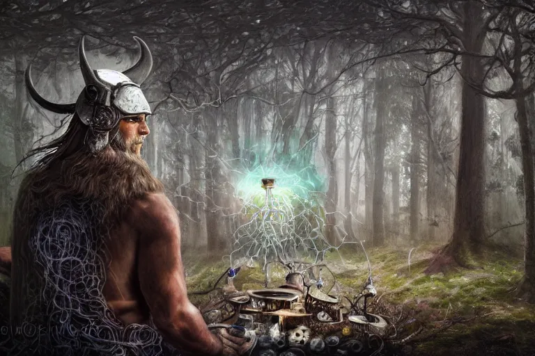 Prompt: mythological Viking Shaman of artificial intelligence creating an artificial neural network with synapses on an anvil, dark mystical forest in the background, high resolution, award winning art, trending on art station, sharp image, incredibly detailed, detailed character realistic painting,