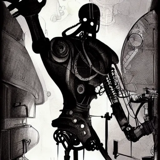 Image similar to ccyborg man, thin, short hair, small scar on the chin, a robotic arm and big shoes, sophisticated clothing with some steampunk elements, gesture dynamic, organic, appealing, book cover, deep shadows, by Dave McKean sketch lineart for character design