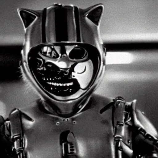 Image similar to Cat as The Terminator (1984), dramatic