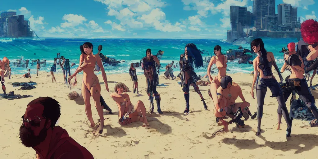 Image similar to Precisely drawn illustration of a small fantasy camp on a beach. Wide angle, Sharp, Fine Details, Anime, Manga, Cyberpunk, realistic shaded lighting, in style of Katsuhiro Otomo, Ghost in the Shell, Magali Villeneuve, Artgerm, Rutkowski, Jeremy Lipkin, Giuseppe Dangelico Pino, Michael Garmash and Rob Rey