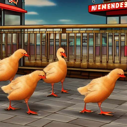 Prompt: five geese attacking a wendys resturant demanding chicken nuggets, digital art, sharp, realistic