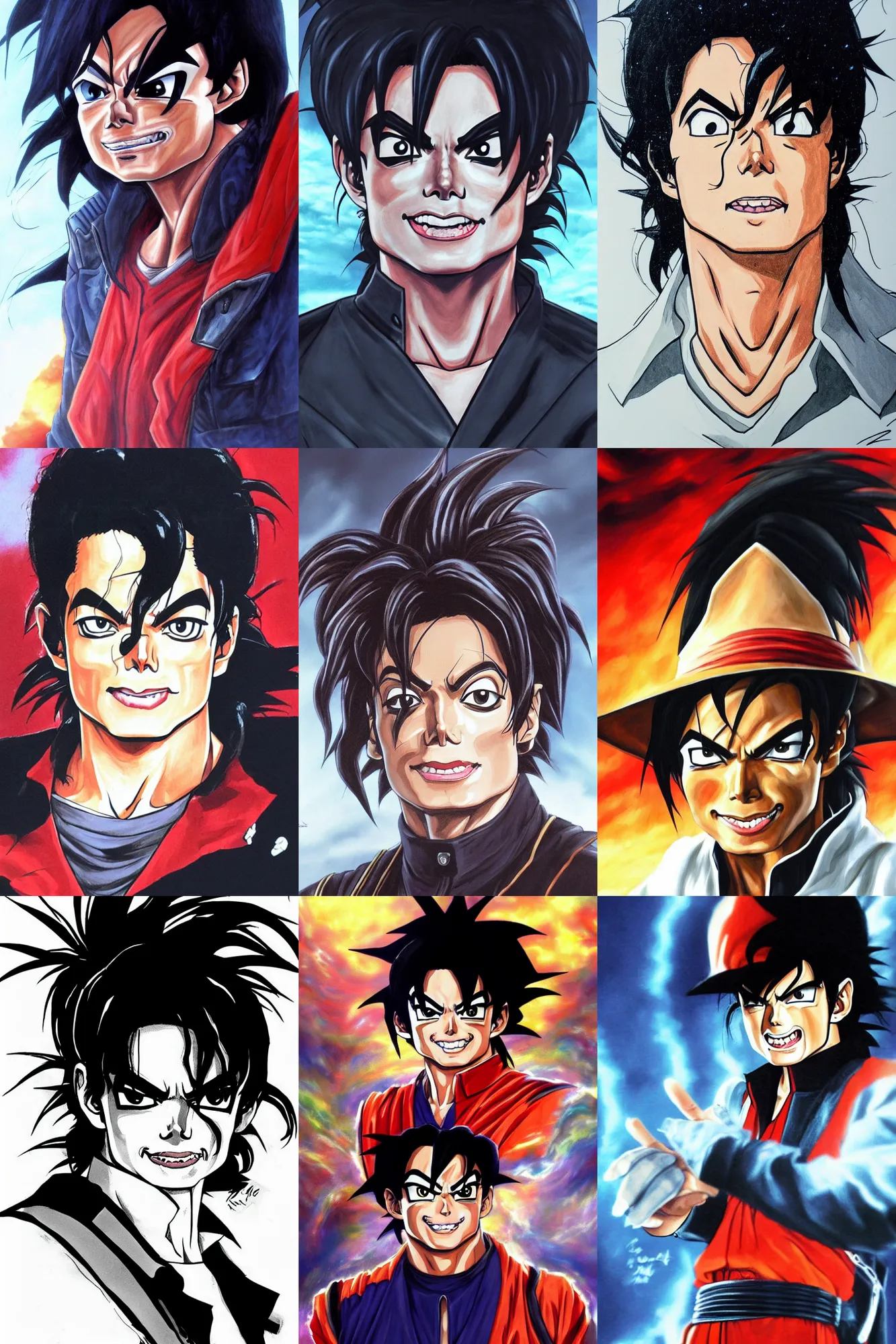 Prompt: michael jackson!!!big face close up concept art of michael jackson as a dragon ball character, beautiful landscape, 4k anime character illustration by akira toriyama, artstation