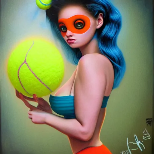 Image similar to Lofi vaporwave portrait beautiful tennis ball monster diva model, dress, bikini, chalk, Pixar style, Tristan Eaton, Stanley Artgerm, Tom Bagshaw, Basil Gogos