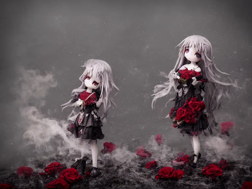 Image similar to cute fumo plush of a gothic maiden girl clutching lots of decayed roses, stale twilight, swirling vortices of emissive smoke and volumetric fog over the river, bokeh, vignette, vray