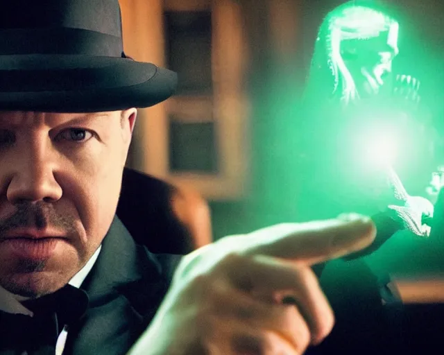 Prompt: mafia boss ( donnie wahlberg ) examines a magical glowing emerald ; scene from the modern hbo mini series / the outfit /, a supernatural mafia crime thriller about magical monster - hunting mafiosi in philadelphia, hd 8 k film photography, with modern supernatural horror aesthetic.