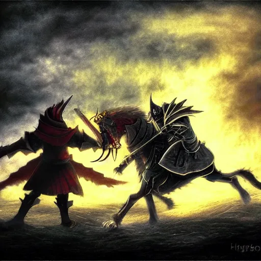 Prompt: demonic knight fighting Bart Simpson, high fantasy painting, realistic, rule of thirds, cinematic, dramatic lighting, epic landscape background 8K