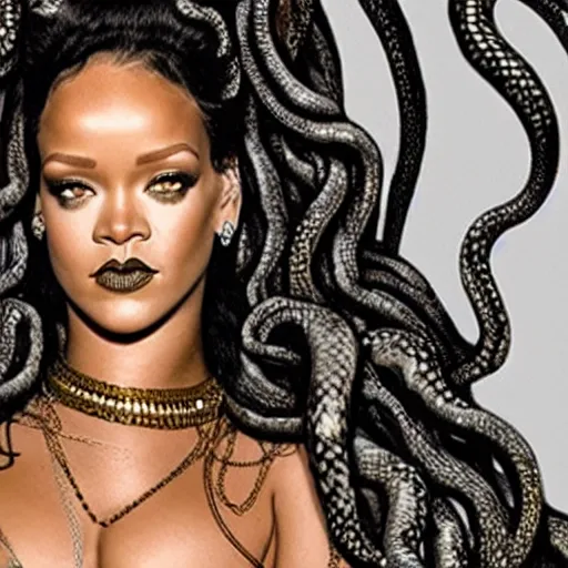 Image similar to Rihanna as Medusa, a winged human female with living venomous snakes in place of hair