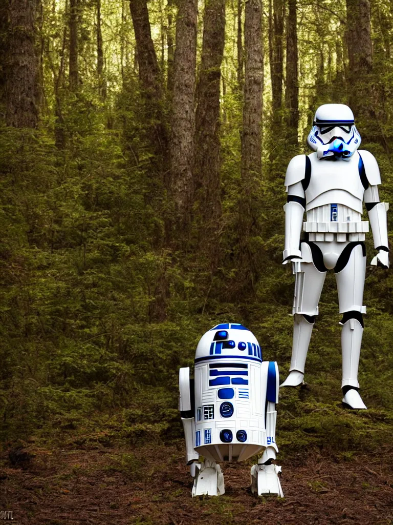 Image similar to still of a stormtrooper R2-D2, standing in the forest, golden hour, high quality, sigma 55mm, full body shot, ewoks