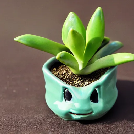 Prompt: a ceramic bulbasaur plant pot with a succulent growing in it