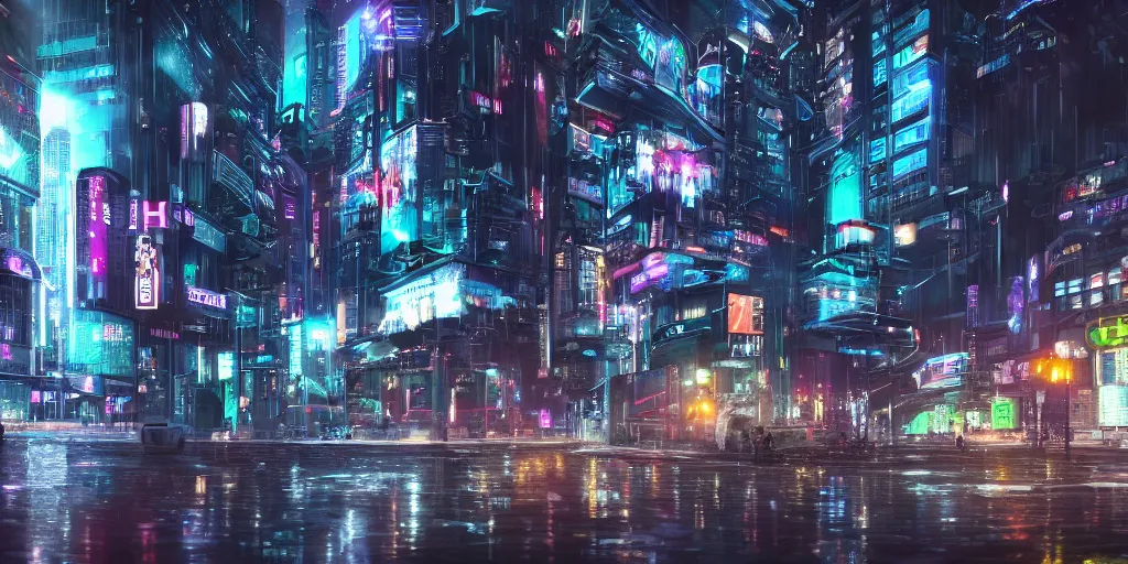 Prompt: a cyberpunk sci-fi city plaza on a rainy night, high definition, high detail, photorealistic, 8k