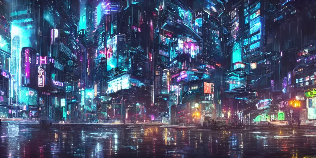 a cyberpunk sci-fi city plaza on a rainy night, high | Stable Diffusion