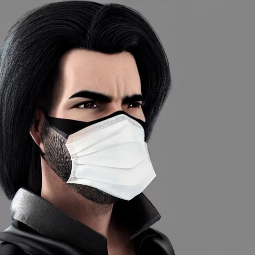 Image similar to a highly detailed, portrait of a man with black hair with a black medical mask, wearing a shark costume, artstation, DeviantArt, professional, octane render, digital art