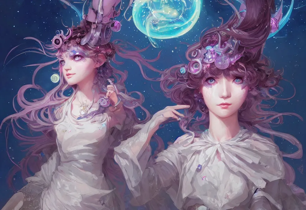 Image similar to close up picture of an maximalist dress magical girl, neat hair with bangs, smug face, extremely beautiful and aesthetic and detailed cute face and eyes, wipe out evils with cute astronaut familiar sprites, aming the magical beams to the camera, chiaroscuro, intricate, masterpiece, epic fantasy illustrations by peter mohrbacher and anato finnstark and jeremy lipking