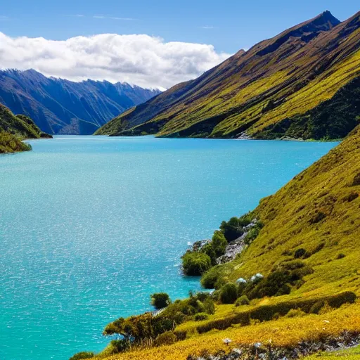 Prompt: new zealand landscape, scenic, beautiful, sunny,