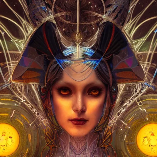 Prompt: beautiful closeup portrait of an android fairy queen, glowing eyes. reflective detailed textures, moth wings, highly detailed dark fantasy science fiction painting by donato giancola and peter mohrbacher and nicholas roerich, elaborate geometric ornament, ancient runes, silver and cool colors. artstation