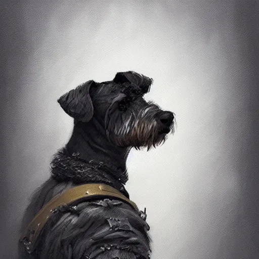 Prompt: portrait of stoic looking miniature schnauzer, military uniform, black fir, white eyebrows, fantasy, intricate, elegant, highly detailed, centered, dark, smokey, charcoal painting, digital painting, artstation, concept art, smooth, sharp focus, illustration, art by greg rutkowski