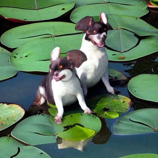 Image similar to bingus and bongus sitting on a lily pad