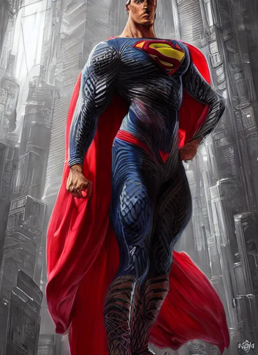 Prompt: portrait of crossfit bodybuilder fitness sprinter superman!, futuristic detailed ornate cyberpunk costume!, red and black costume!!!, pale skin!, no logo!!!, painted art by tsuyoshi nagano, greg rutkowski, artgerm, alphonse mucha, spike painting