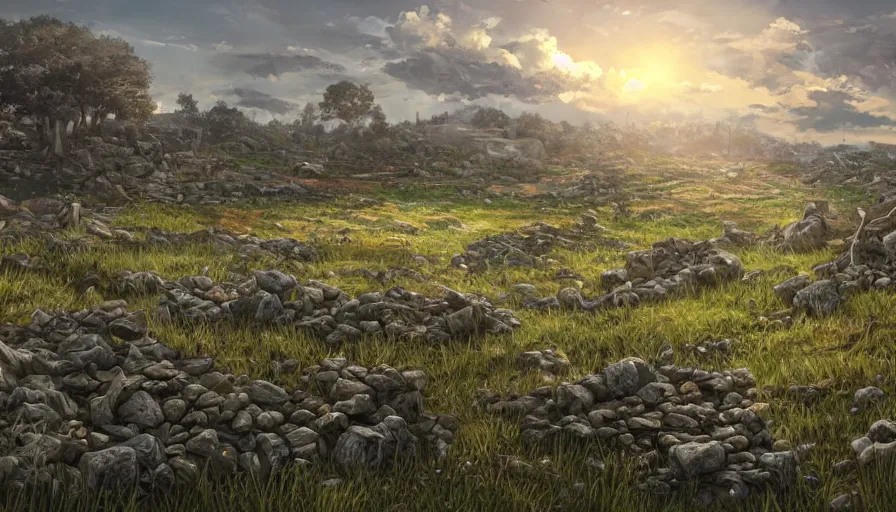 Image similar to the beautiful, chilling, mundane panoramic view of a field after war filled with dead soldier calvary and rocks at dusk. hyperrealistic anime background illustration, colorful, extremely detailed intricate linework, smooth, super sharp focus, bright colors, high contrast, matte, octopath traveler, unreal engine 5 highly rendered, global illumination, radiant light