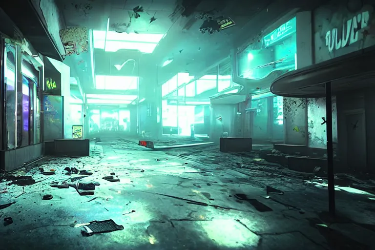 Prompt: a surrealistic first person shooter game trailer on a abandoned cyberpunk shopping mall, cinematic lightning, ray tracing, unreal engine, photorealistic fps game concept art, detailed, dark, moody, foggy