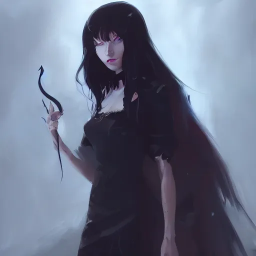 Image similar to female human vampire witch in the style of greg rutkowski, makoto shinkai, trending on artstation, character design, concept art, pretty face, highly detailed, long black hair, portrait, digital art