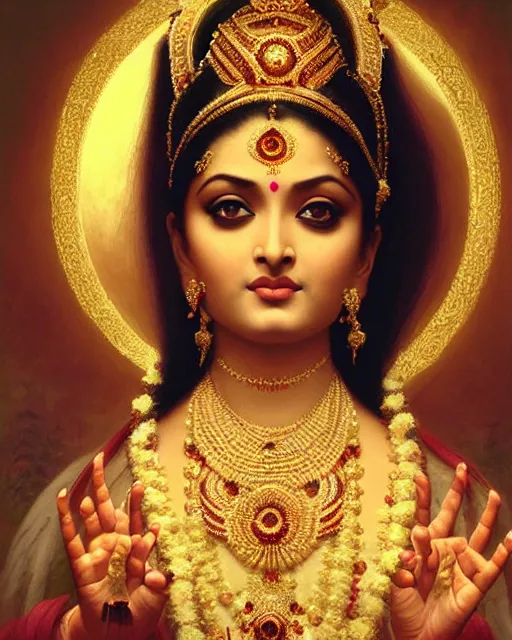 Image similar to Aishwarya Rai as a beautiful Hindu Goddess, gorgeous, portrait, Symmetrical, powerful, intricate, beautiful, masterpiece, elegant, volumetric lighting, highly detailed, digital painting, hyper-realistic, artstation, sharp focus, no blur, illustration, William-Adolphe Bouguereau Raja Ravi Verma, ruan jia