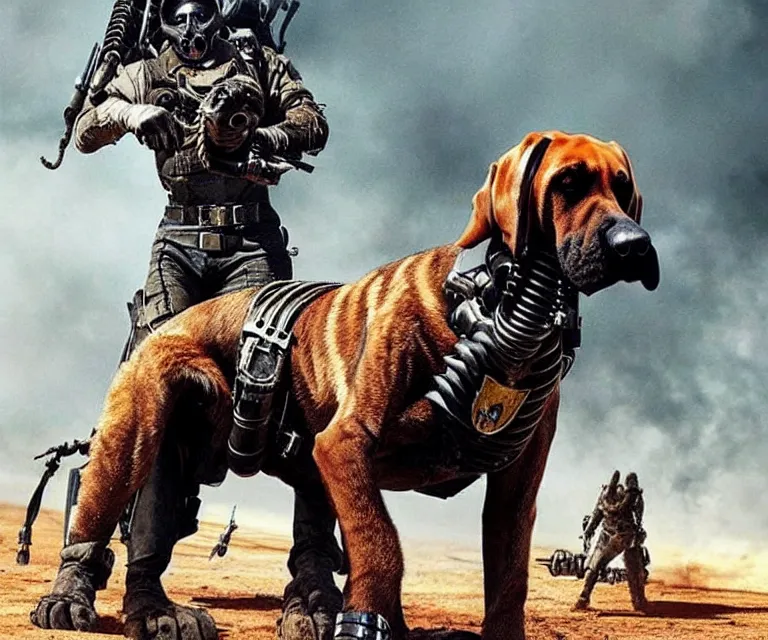 Image similar to a good ol'bloodhound dog fursona ( from the furry fandom ), heavily armed and armored facing down armageddon in a dark and gritty version from the makers of mad max : fury road. witness me.