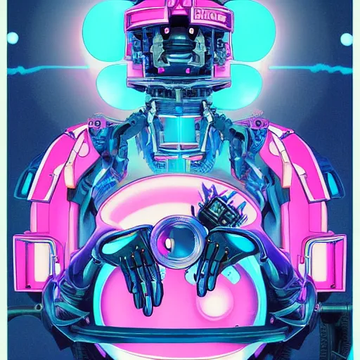 Image similar to 80s sci-fi retro anime, black and blue pink, mechanic black cat, robots, dieselpunk, intricate details, bionic, neon Genesis evangelion, weird, pearls, nuclear explosion, highly detailed, digital art, 8k