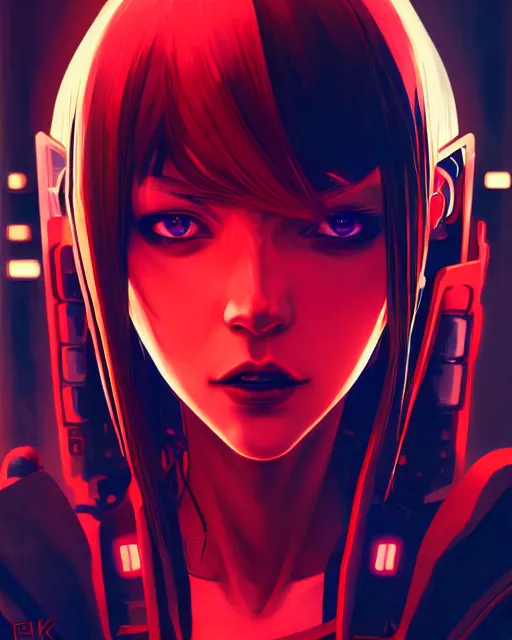 Image similar to a detailed potrait of a cyberpunk cyborg girl with black and red parts, perfect face, realistic shaded perfect face, detailed. night setting. very anime style. realistic shaded lighting poster by ilya kuvshinov katsuhiro, unreal engine, global illumination, radiant light, detailed and intricate environment