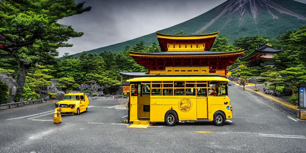 Image similar to Yellow school bus driving towards a Japanese Torii gate at Mount Fuji location in Japan, time travel, ray tracing