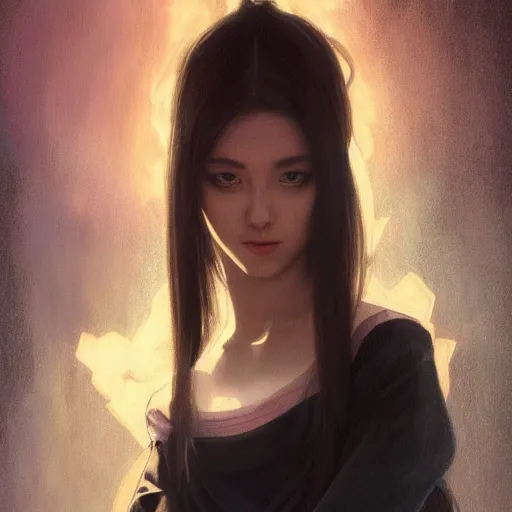 Prompt: angry girl, portrait, ice magic, long face, sharp features, black hair, dark robe, art by artgerm and greg rutkowski and alphonse mucha, trending on artstation, cinematic light, pastel colors, volumetric shading, high radiosity dull skin, global illumination, radiant light, soft light, soft color dodge, subsurface scattering