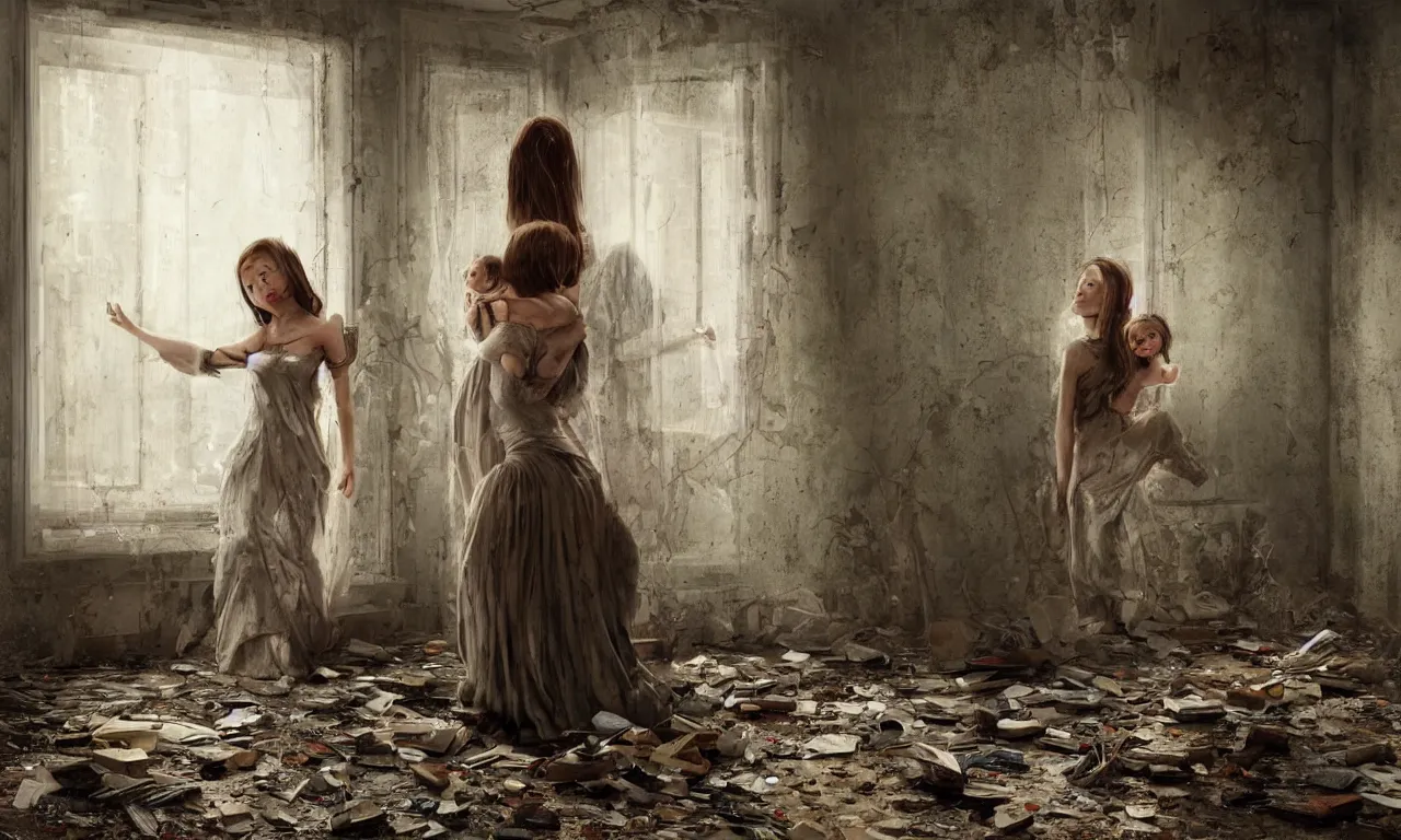 Prompt: a cinematic portrait of a beautiful female jointed wooden doll, holding each other, abandoned, left inside a room in a derelict house, old wallpaper, broken toys are scattered around, rubbish, decay, sadness, morning light through a broken window, by James C. Christensen, by Tomasz Alen Kopera, by Raphael, by Caravaggio, 8K, rendered in Octane, cinematic, 3D, volumetric lighting, highly detailed, photorealistic, hyperrealism