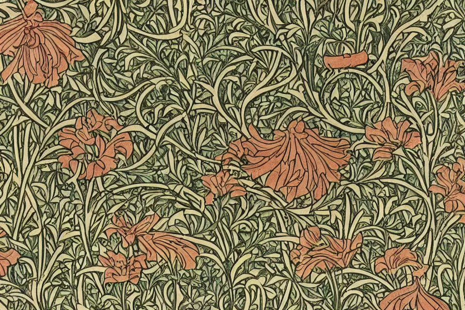 Prompt: intricate storytelling Art Deco wallpaper designs about sinister fairy tails by William Morris