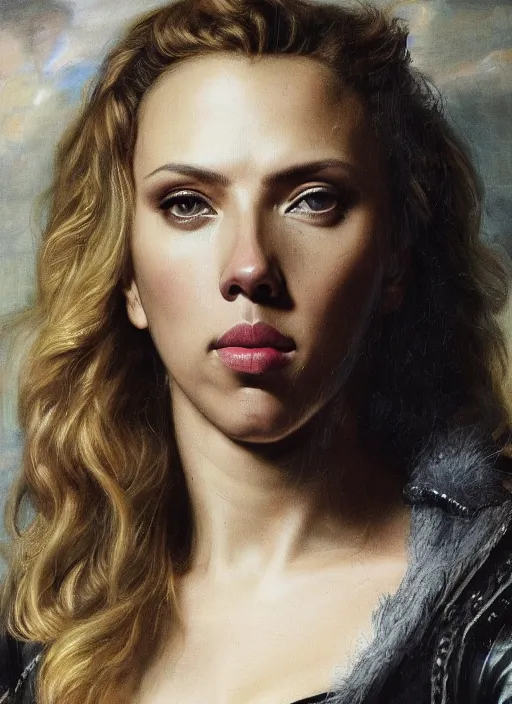 Image similar to Beautiful ,black Canary , Scarlett Johansson,, Dramatic, Edge, Good, Infused, Backlight, De-Noise, VFX, insanely detailed and intricate, hypermaximalist, facial ,elegant, ornate, hyper realistic, super detailed, by Anthony Van Dyck, by Ivan Shishkin, by John Constable