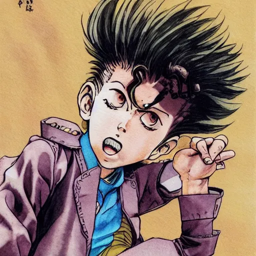 Prompt: young boy angry with pompadour hair, art by katsuhiro otomo, tetsuo hara, hirohiko araki, jotaro kujo, banchou, action pose, manga cover, watercolor