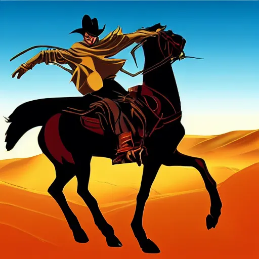 Image similar to gunslinger on a horse overlooking the desert, in the style of Batman the animated series by Bruce Trimm