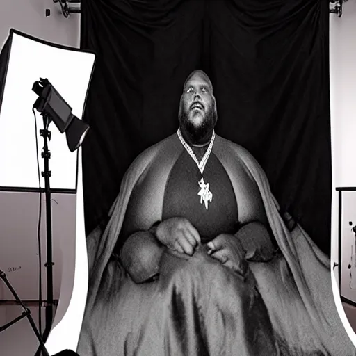 Image similar to Large black man sitting on throne wrapped in silk, background made of large folding curtains, dark, hyper detailed, hyper realistic, 8K phot realistic, black and white color, dimly lit, dark,