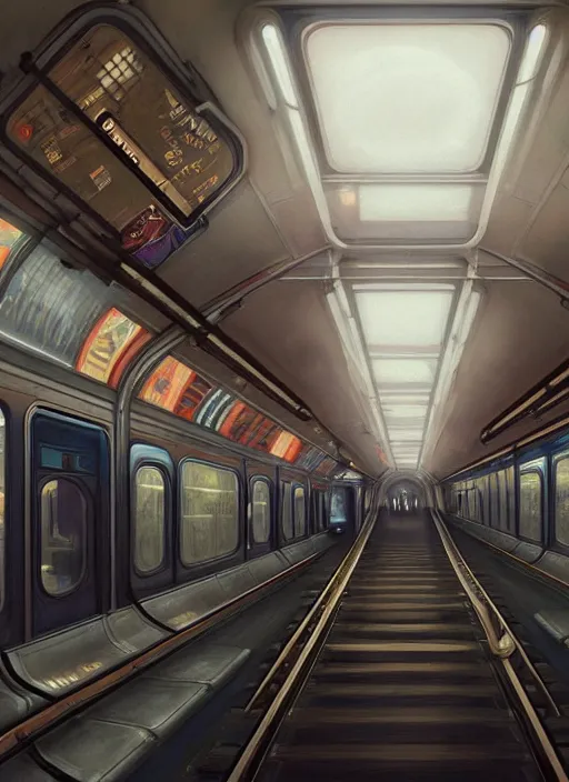 Prompt: perfectly - centered - drawing of empty subway train, intricate, highly detailed, digital painting, artstation, concept art, smooth, sharp focus, illustration, unreal engine 5, 8 k, art by artgerm and greg rutkowski and alphonse mucha