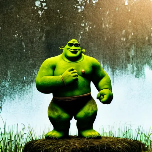 Prompt: a photo of ultra - realistic muscular shrek in a dirty swamp, bokeh 5 0 mm, global illumination, depth of field, 4 k, iphone professional photo