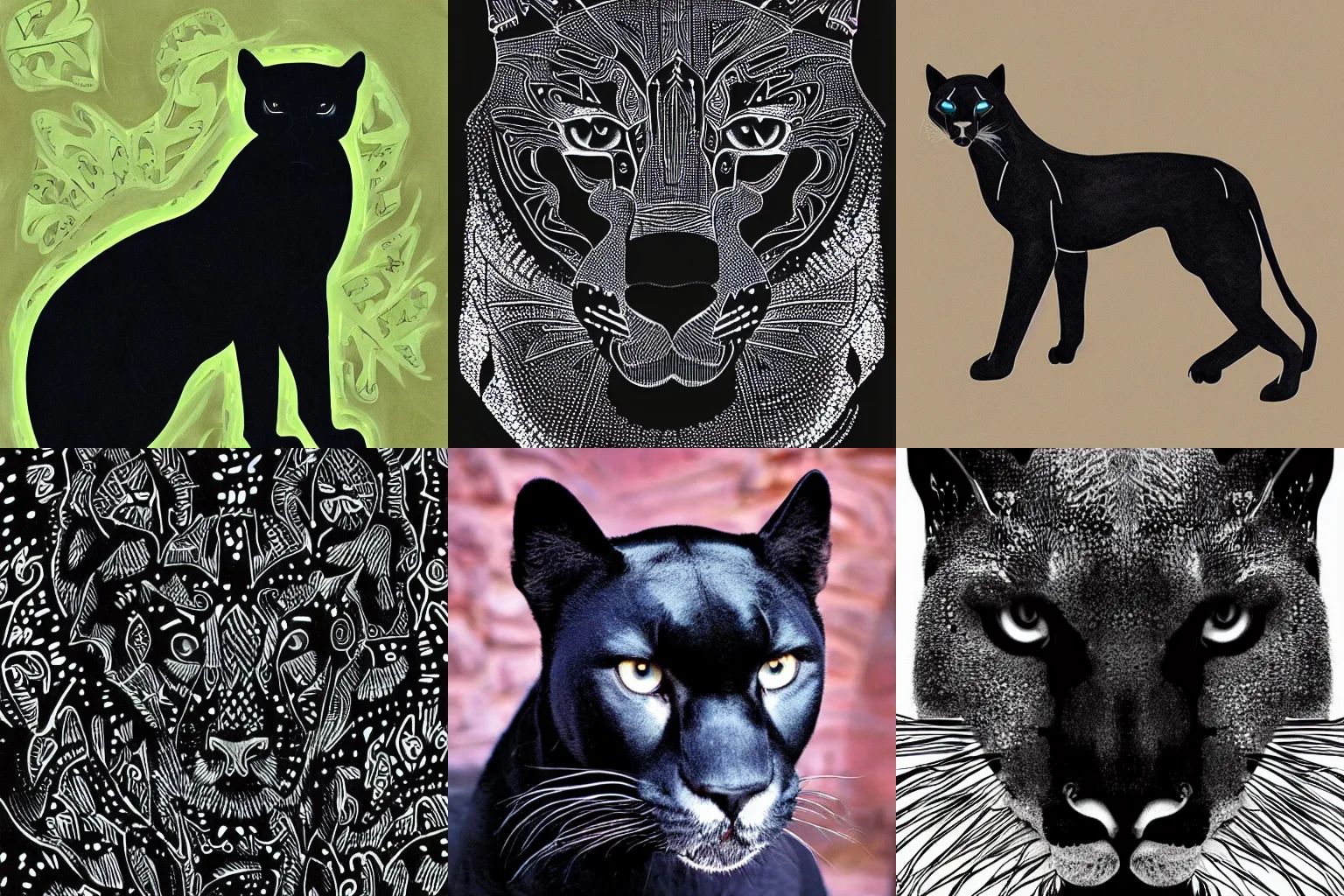 Prompt: Bagheera the Black Panther, inky black all over, but with the panther markings showing up in certain lights like the pattern of watered silk.