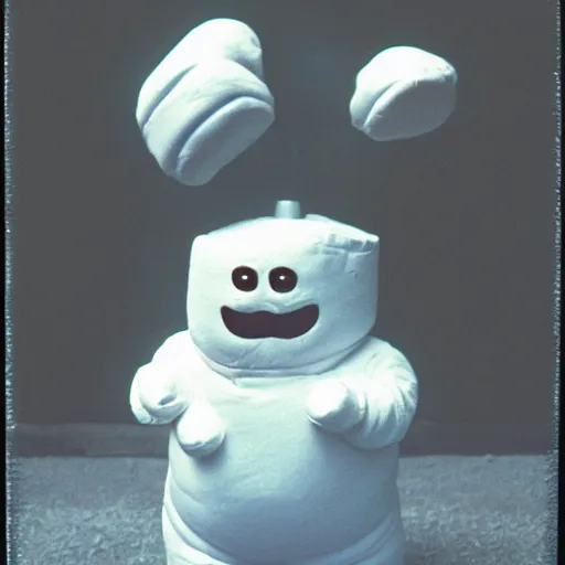 Prompt: the michelin man as the stay puft marshmallow man, realistic, 1 4 0 mm, nikon film