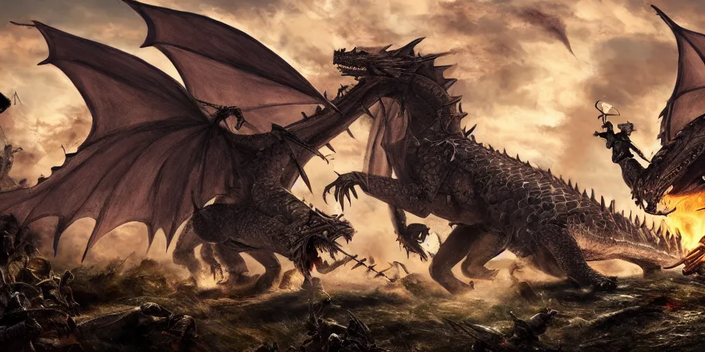 Image similar to big ancient dragon breathing fire onto medieval knights in a epic battle on the battlefield, high detail, high definition, photorealistic, 8k