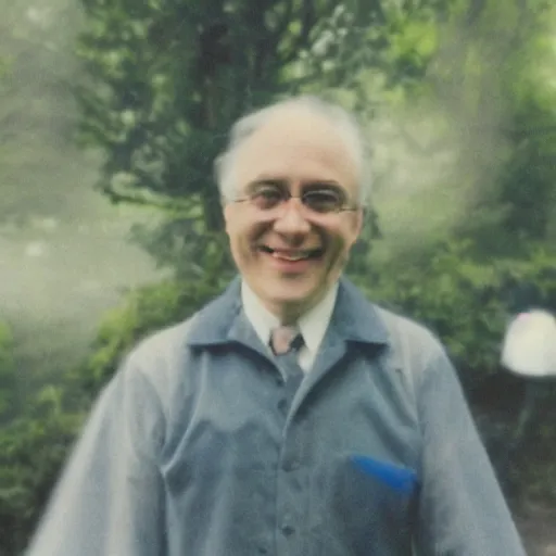 Prompt: an old unclear color-faded photo captured by accident in 1990s about a catman in hotel clerk uniform walk around in a 18th century style garden and smile to the camera, foggy weather atmosphere, spotlight